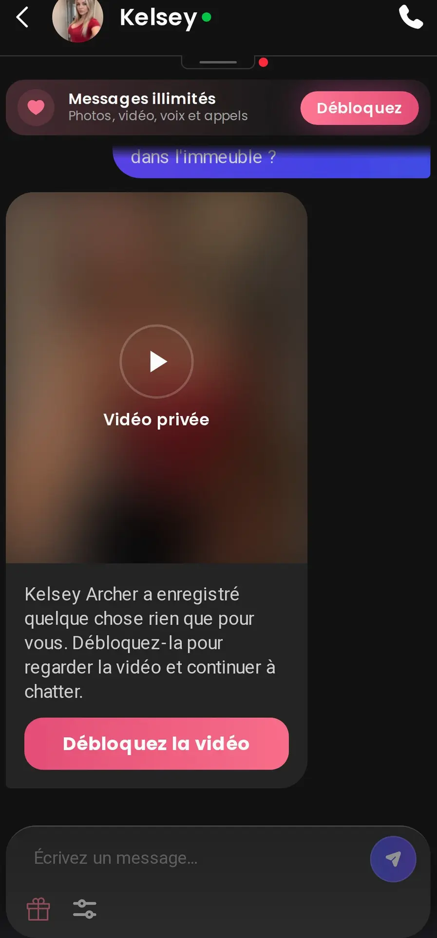 After free messages are used, the chat presents a locked private-video prompt.