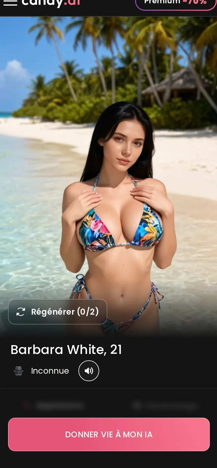 Compañera creada desde una cuenta gratuita, con opciones para regenerar su imagen.