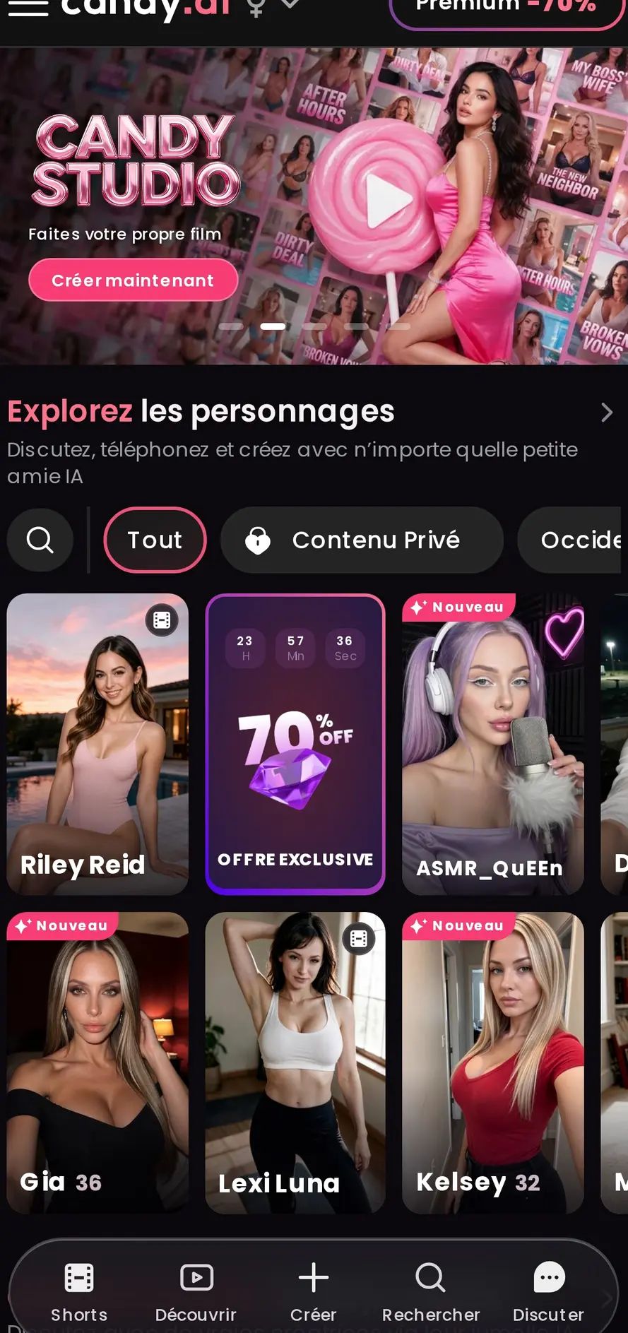 The mobile catalogue, filters and main navigation in Candy AI.