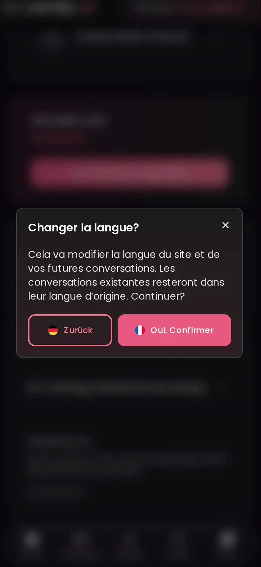 Changing the account language affects the site and future conversations.