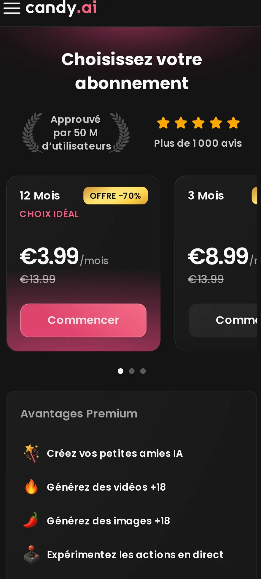 The Candy AI subscription screen presents plans with different commitment lengths.