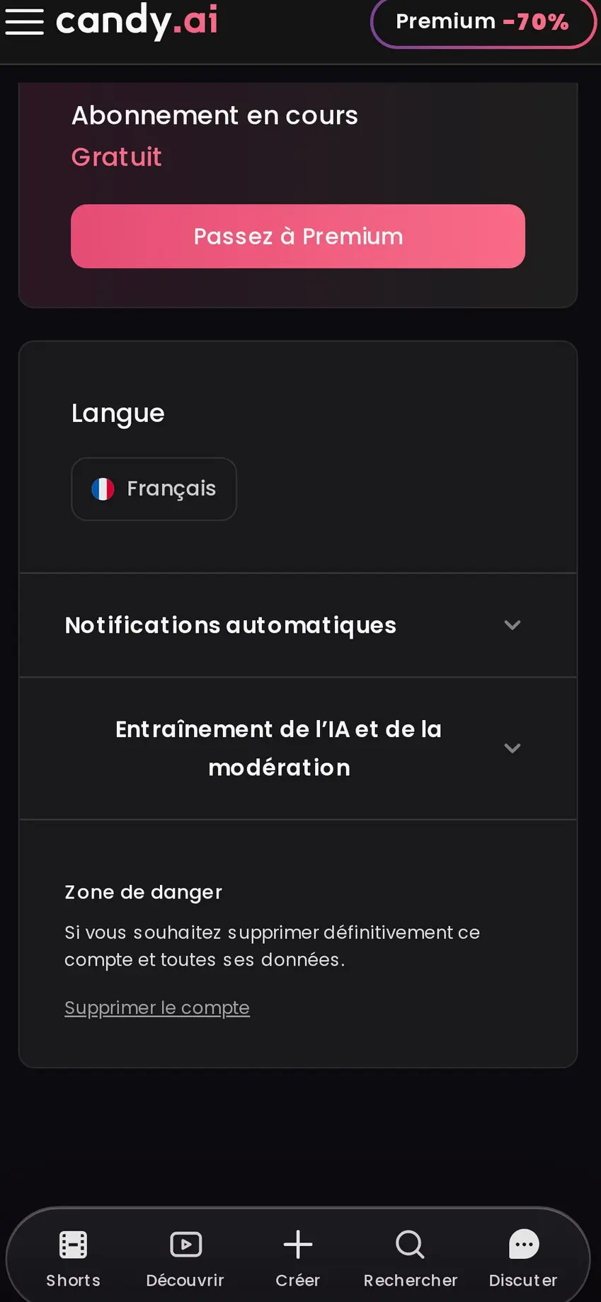 Settings include language, chat-training controls and permanent account deletion.