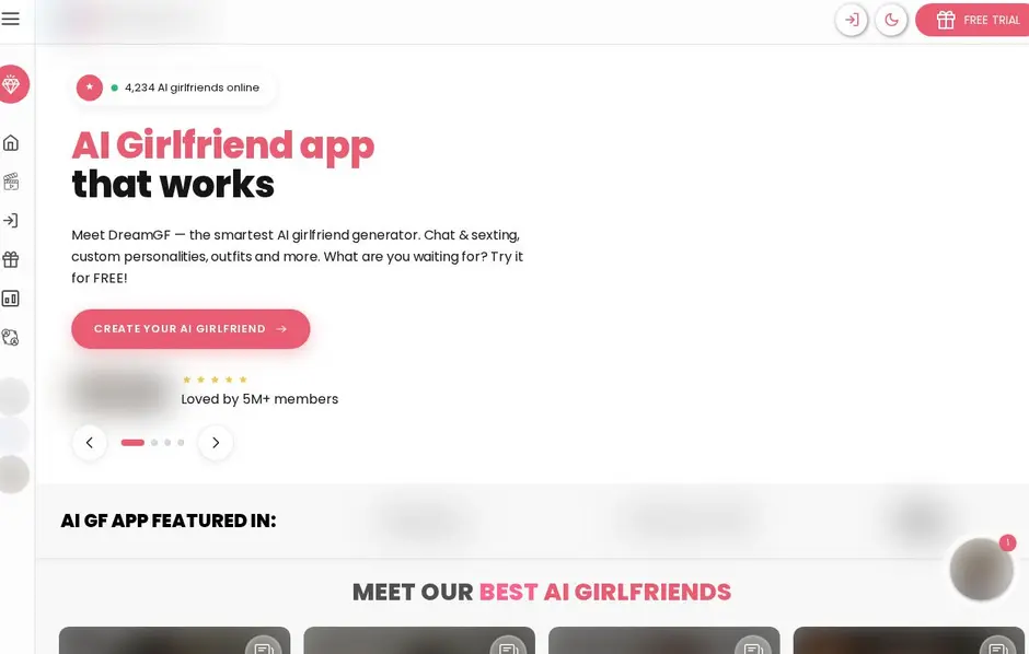 DreamGF : interface du site officiel (images floutées)