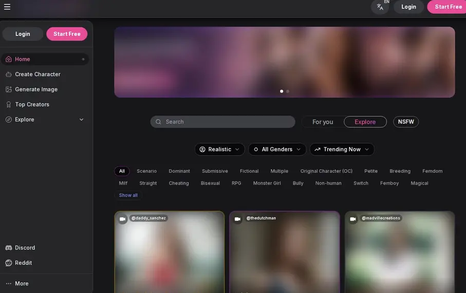 GirlfriendGPT: interfaccia del sito ufficiale (immagini sfocate)